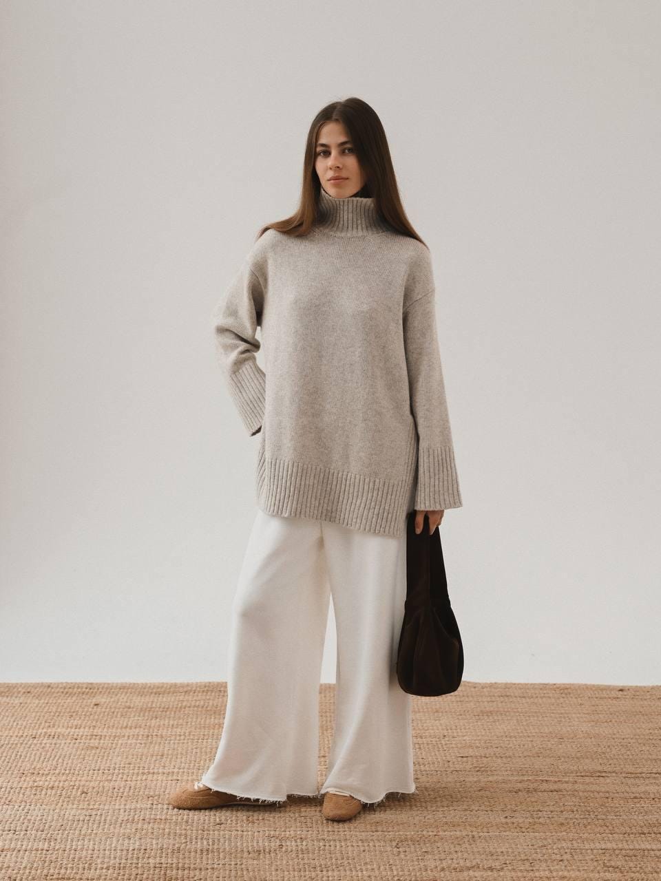Oversized Turtleneck Sweater Gray & Beige Wool Blend