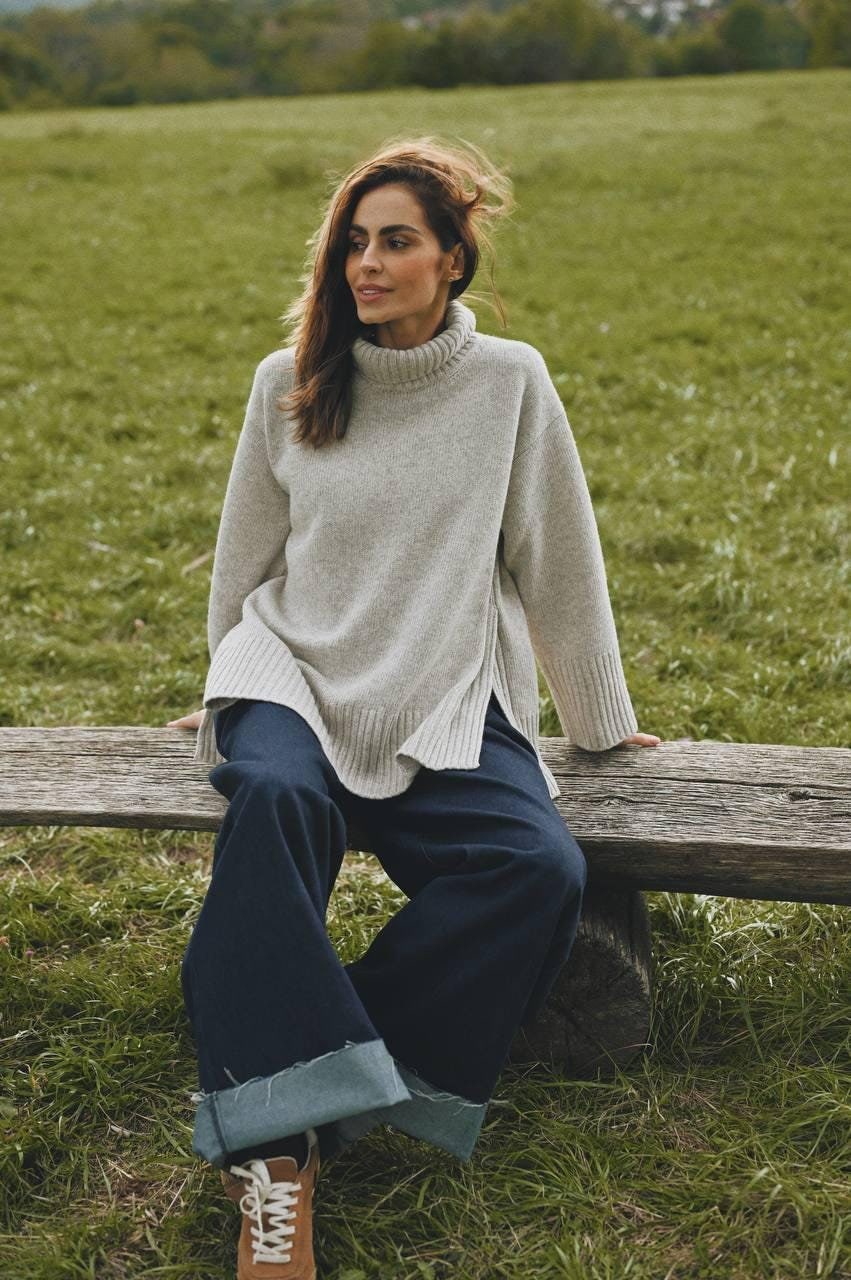 Oversized Turtleneck Sweater Gray & Beige Wool Blend