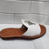 Handmade Moroccan White Leather Sandals – Silver Triangle Decor – Boho Flat Slippers For Women – Comfortable Ethnic Summer Slides – Ar