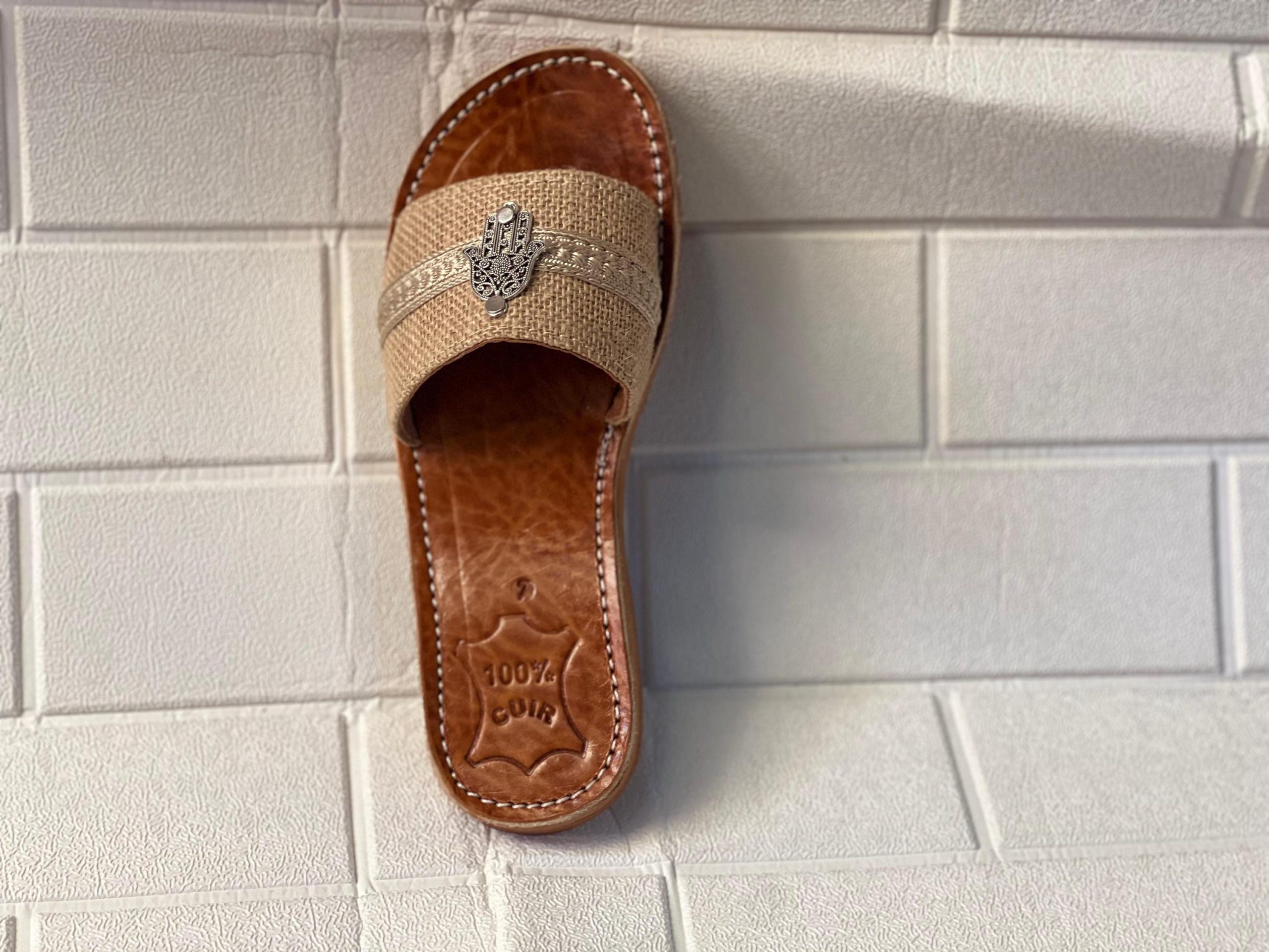 Handmade Moroccan Women Sandals – Turquoise Strap With Hamsa Charm | Leather Flats