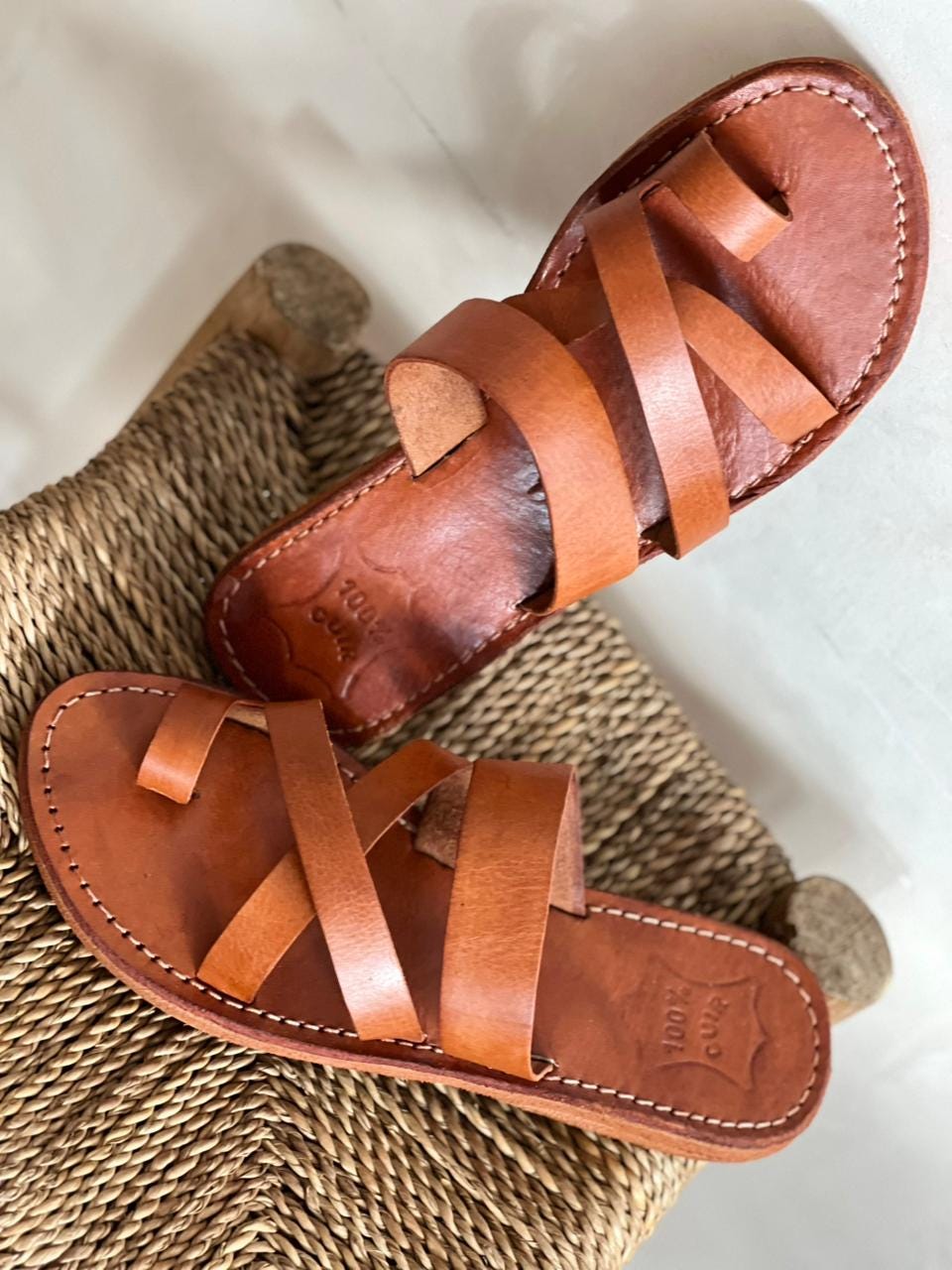 Handmade Moroccan Brown Leather Sandals – Toe Loop Cross Strap Slides Women