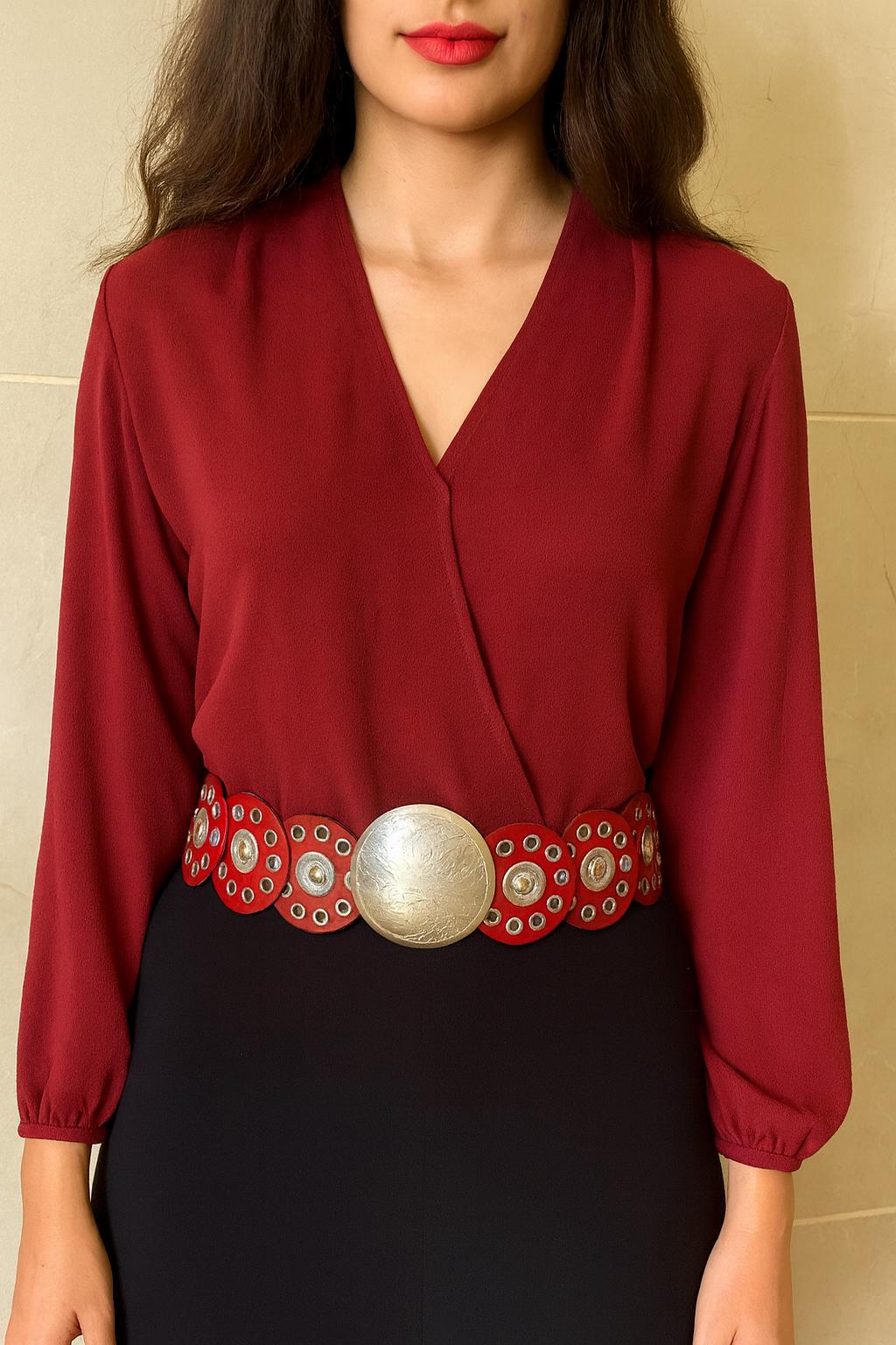 Handmade Moroccan Red Leather Belt With Silver Buckle – Wide Boho Waist Belt