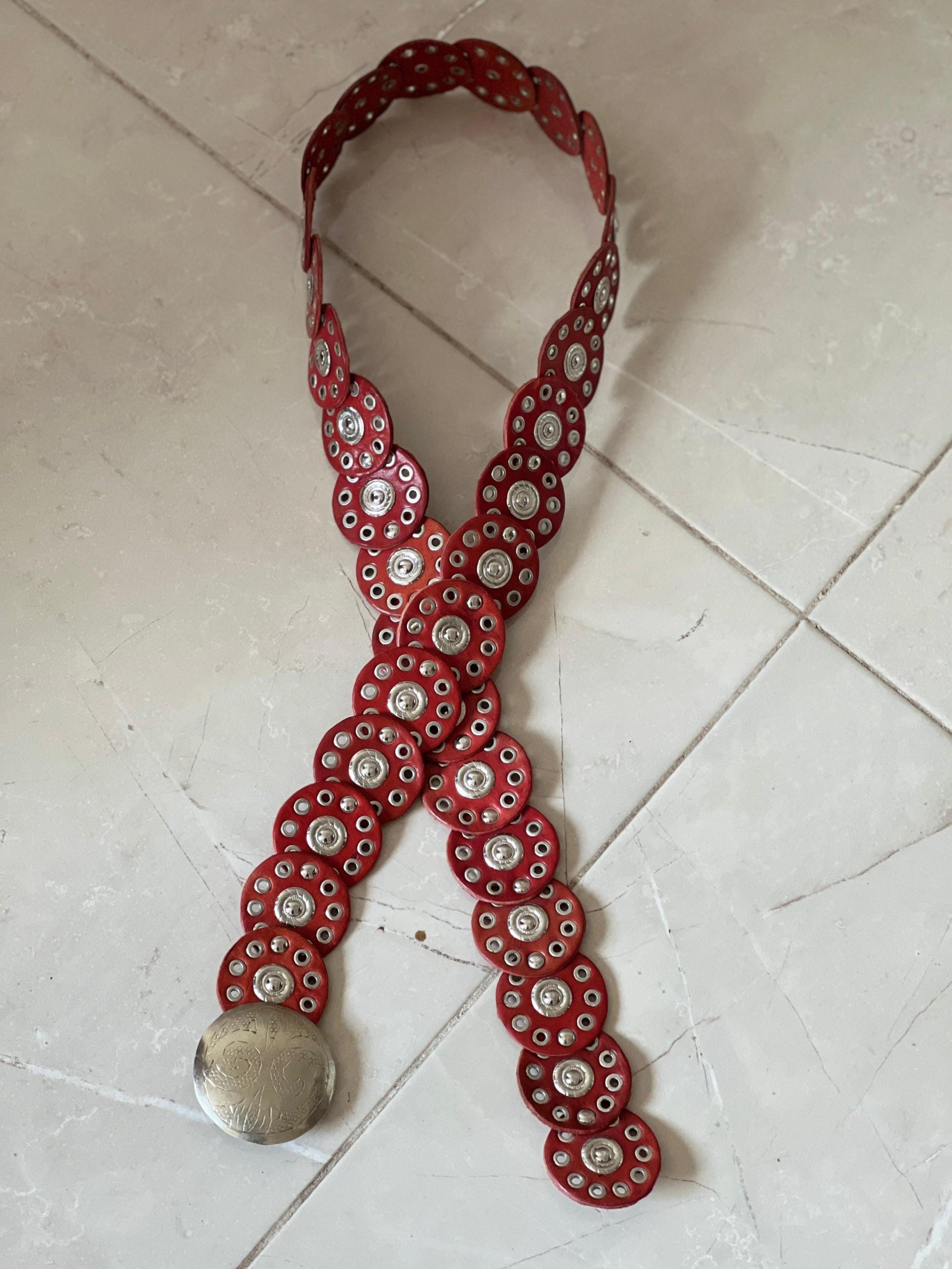 Handmade Moroccan Red Leather Belt With Silver Buckle – Wide Boho Waist Belt
