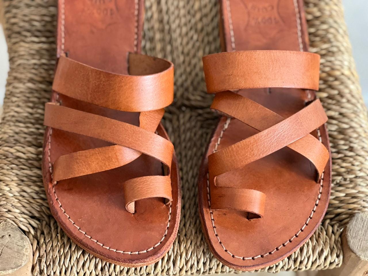 Handmade Moroccan Brown Leather Sandals – Toe Loop Cross Strap Slides Women