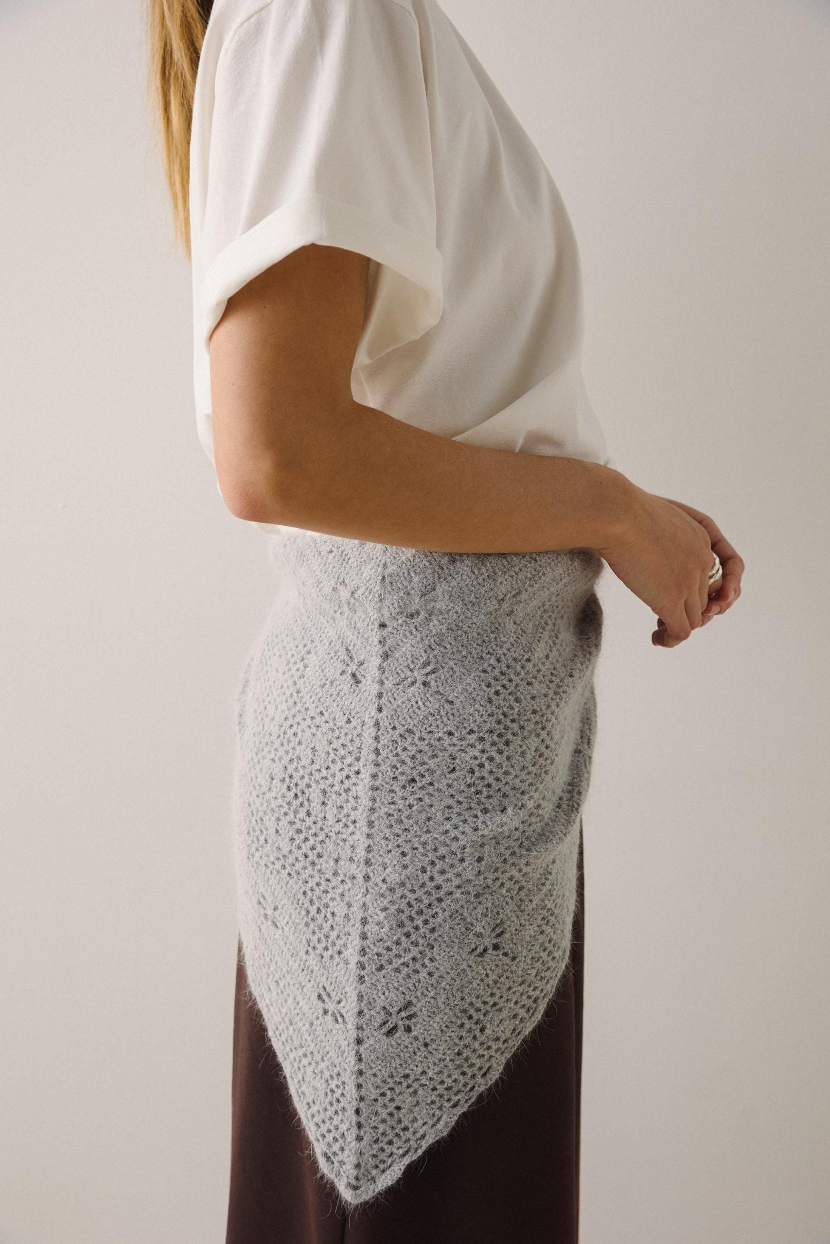 Hand Knitted Alpaca Wool Headscarf: Light Grey Lace Triangle Shawl